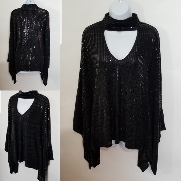 Sequin Poncho Style Top With Batwing Sleeves - Picture 2 of 7